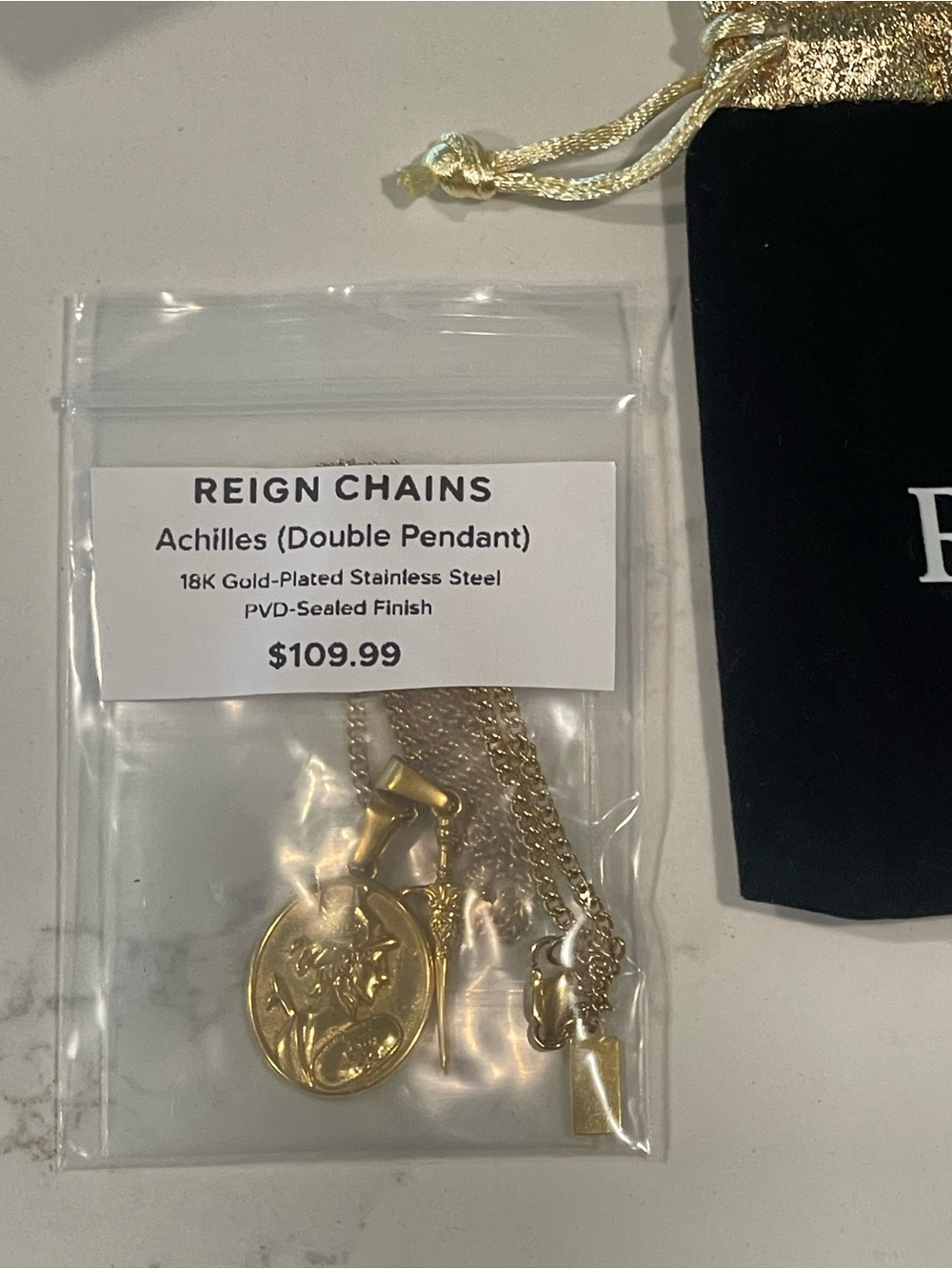 Reign Achilles Double Pendant 18K Gold Plated Necklace in Velvet Pouch New